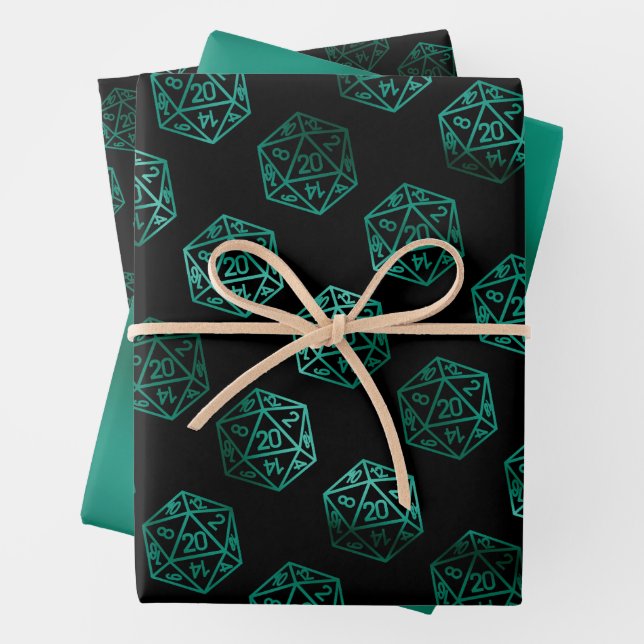 RPG Dice | Emerald Fantasy Tabletop Retro Gamer Wrapping Paper Sheets (In situ)