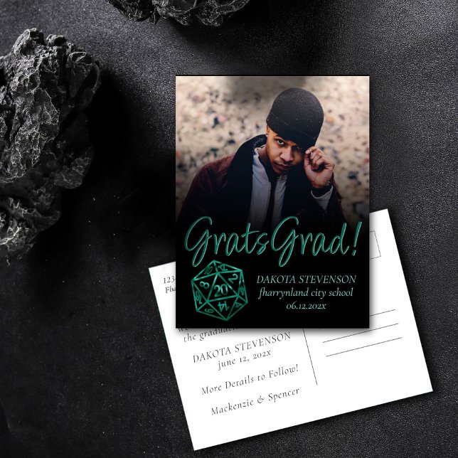 RPG Dice | Emerald Tabletop Retro Gamer Graduation Announcement Postcard (Creator Uploaded)