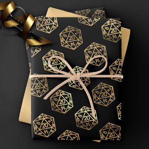 RPG Dice   Gold Fantasy Retro Tabletop PnP Gamer Wrapping Paper Sheets