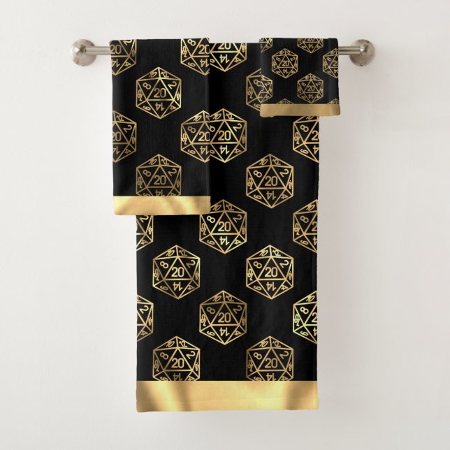 RPG Dice | Gold Fantasy Tabletop Retro PnP Gamer Bath Towel Set (Insitu)