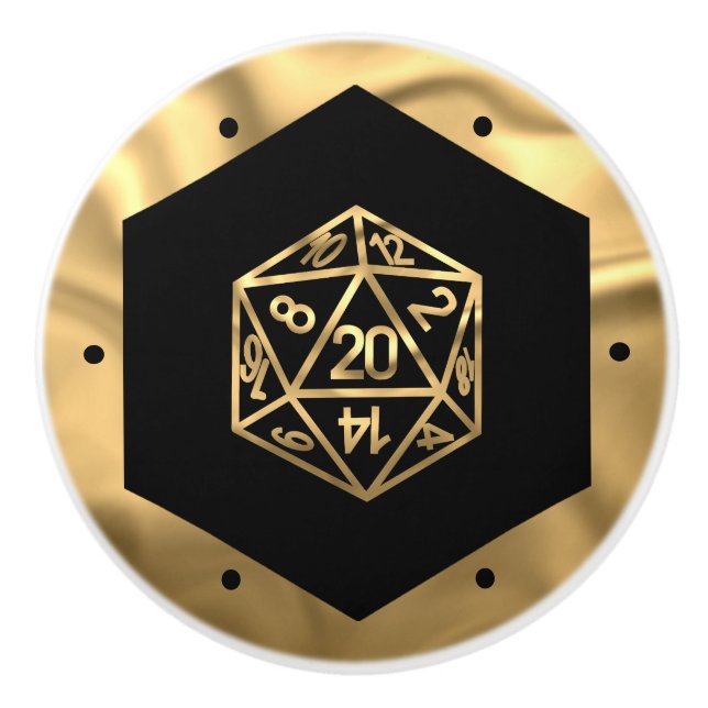 RPG Dice | Gold Fantasy Tabletop Retro PnP Gamer Ceramic Knob (Front)
