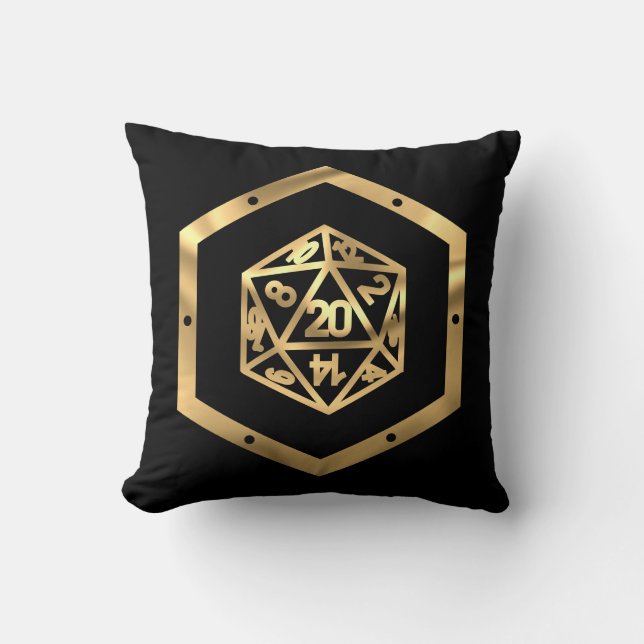 RPG Dice | Gold Fantasy Tabletop Retro PnP Gamer Throw Pillow (Front)