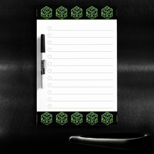 RPG Dice  Green Fantasy PnP Role Player Checklist Dry Erase Board