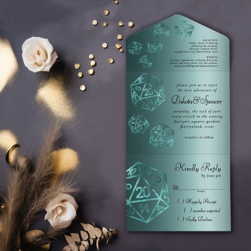 RPG Dice  Teal Luxury Sheen Gamer Wedding All In One Invitation