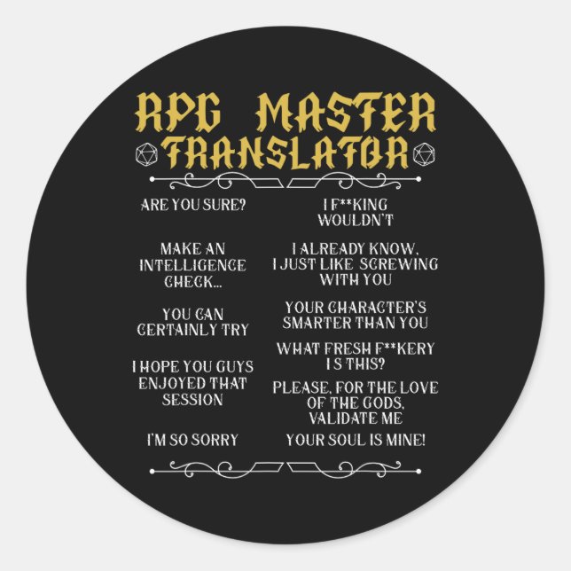 Rpg Master Translator D20 Tabletop Games Funny Rpg Classic Round Sticker (Front)