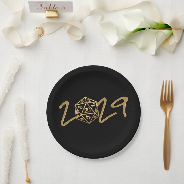 RPG Year | Gold Fantasy Tabletop Retro Gamer Dice Paper Plates (Wedding)