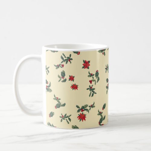 Rred poinsettias green holly and vines trailing coffee mug