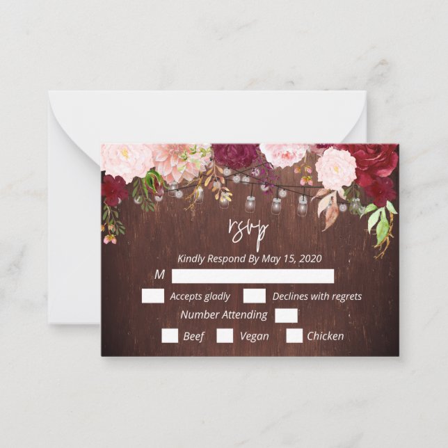 RSSVP Burgundy Flower Wood Mason Jar Lights Postca Note Card (Front)