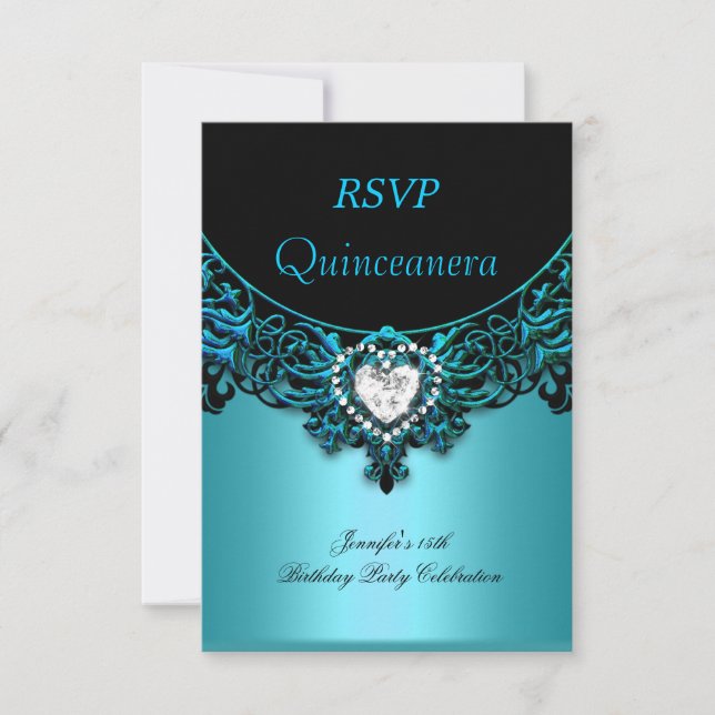 RSVP 15th Quinceanera Aqua Blue Teal Black Diamond (Front)