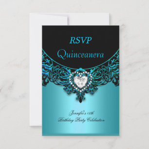 RSVP 15th Quinceanera Aqua Blue Teal Black Diamond Card