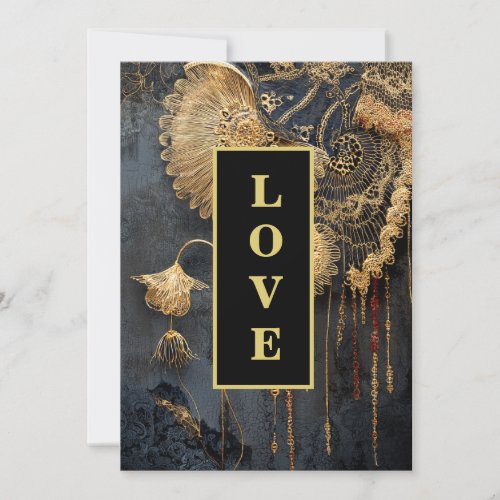 *~ RSVP 17 AR26 QR Gold Lace LOVE Vintage Wedding  Invitation