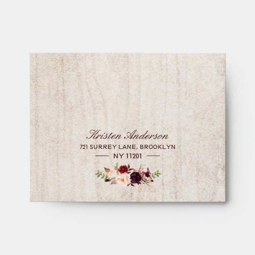 RSVP Address - Rustic Country Wood Burgundy Floral Envelope - Create your own Envelope for RSVP card with this "Rustic Country Wood Burgundy Floral Themed Envelope template". You can customize it with your address on the front. This envelope design is perfect to match your wedding invitations. 
(1) For further customization, please click the "customize further" link and use our design tool to modify this template. 
(2) If you need help or matching items, please contact me.