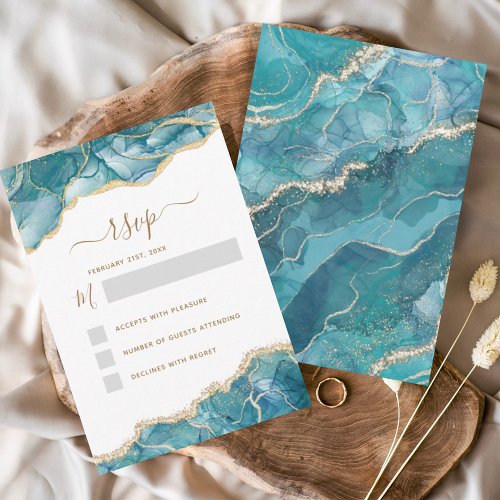 RSVP Agate Turquoise Teal Gold Wedding Invitation