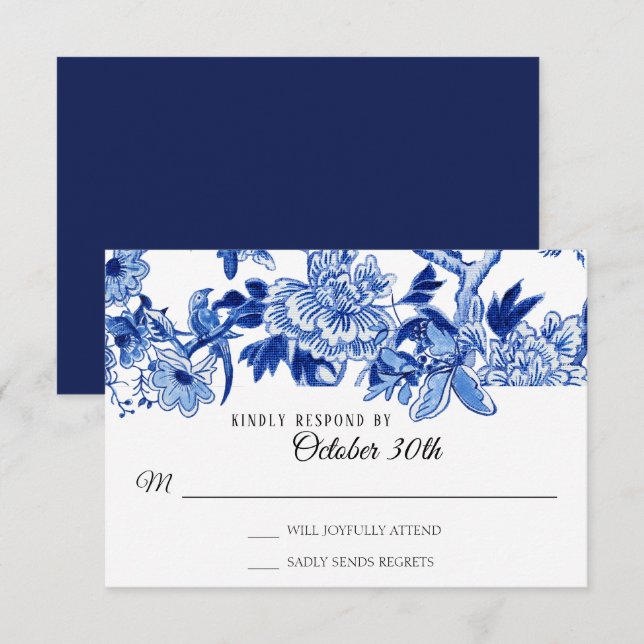 RSVP Asian Influence Navy Blue Floral Chinoiserie Invitation (Front/Back)