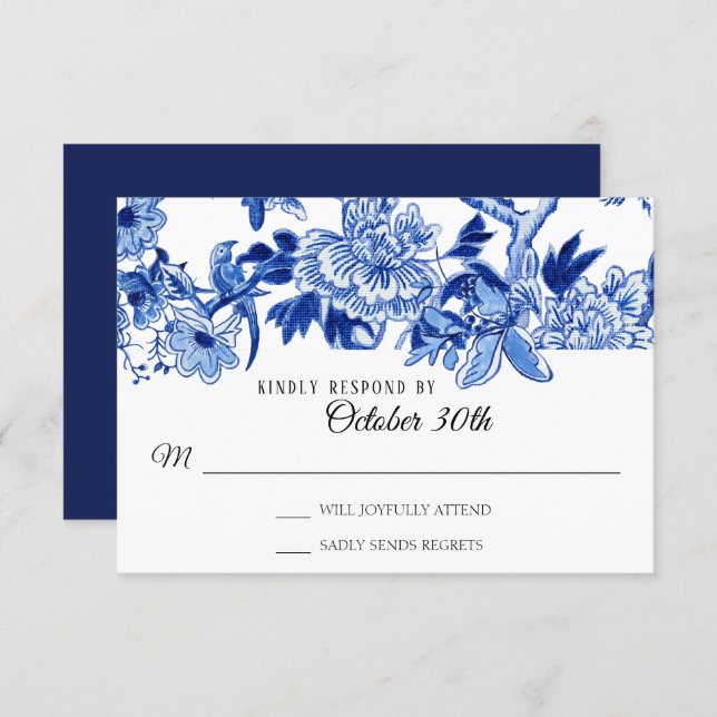 RSVP Asian Influence Navy Blue Floral Chinoiserie Invitation (Front/Back)