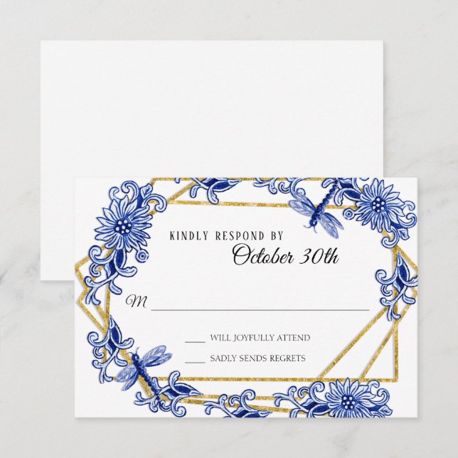 RSVP Asian Influence Sky Blue Gold Dragonfly Flora Invitation (Front/Back)