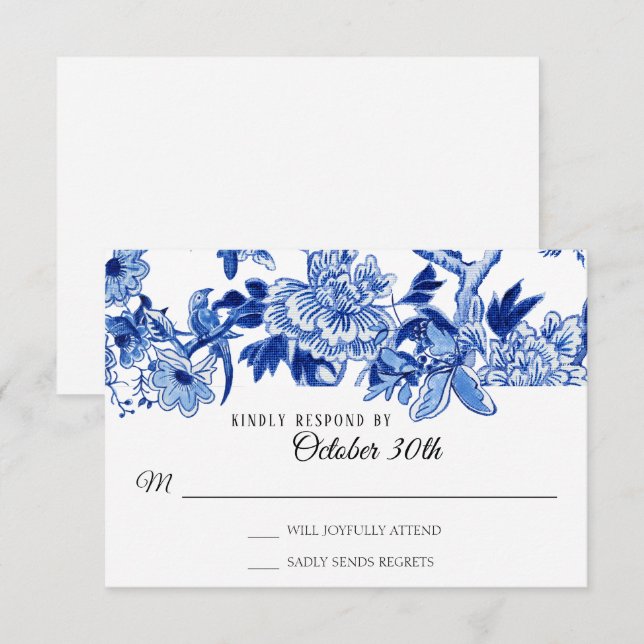 RSVP Asian Influence White Blue Floral Chinoiserie Invitation (Front/Back)