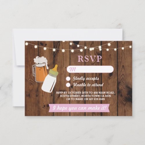 RSVP Baby Shower Pink Girl Beer Brewing Wood Invitation