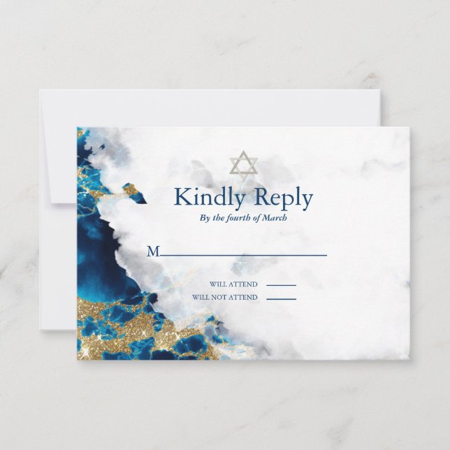 RSVP Bar Mitzvah Blue Sapphire Watercolor Geode Card (Front)