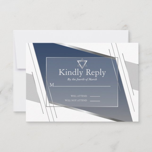 RSVP Bar Mitzvah Modern Silver Slate Blue Card (Front)