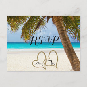 RSVP beach love hearts bridal palm sand surf date Invitation Postcard