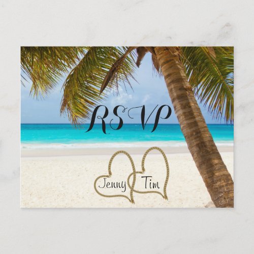 RSVP beach love hearts bridal palm sand surf date Invitation Postcard