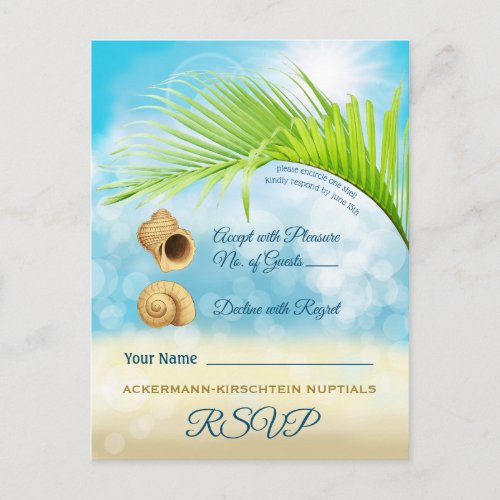 RSVP Beach Wedding Tropical Palm Tree Leaf Bokeh Invitation Postcard