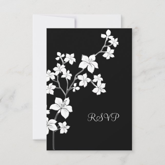 RSVP  Birthday Asian Black Floral White Invitation (Front)