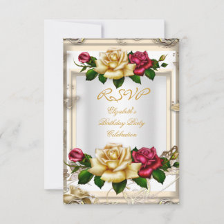 RSVP Birthday Party Roses White Gold Red Cream Invitation