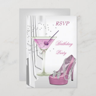 RSVP Birthday Party White Pink Martini Pearl Shoe Invitation