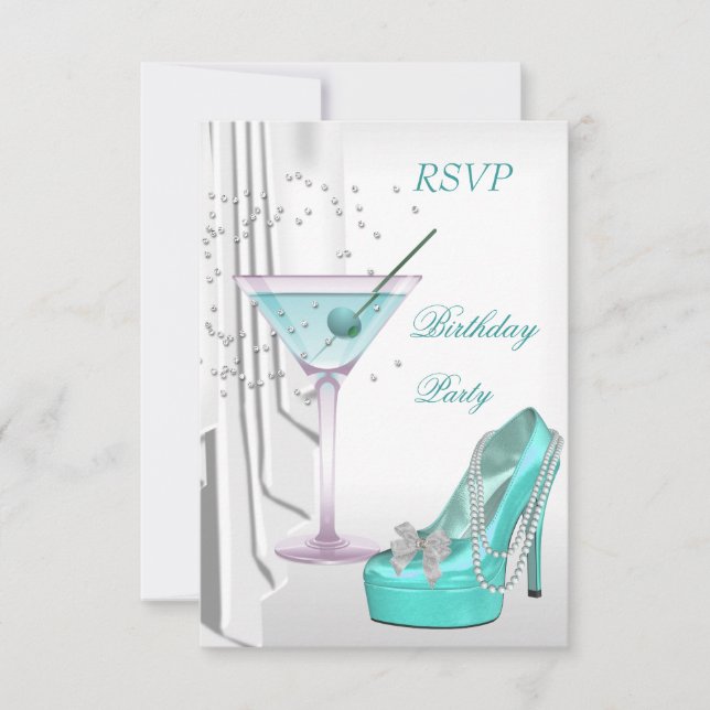 RSVP Birthday Party White Teal Martini Pearl Shoe Invitation (Front)