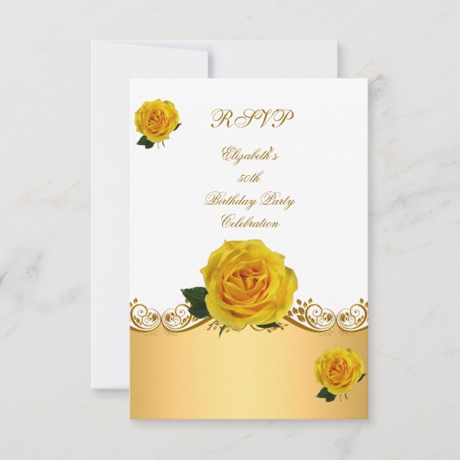RSVP Birthday Party White Yellow Gold Roses Invitation (Front)