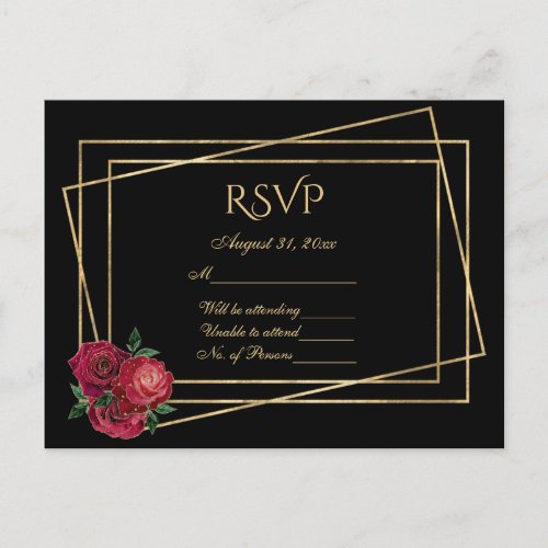 RSVP Black and Gold With Deep Red Glam Roses  Postcard