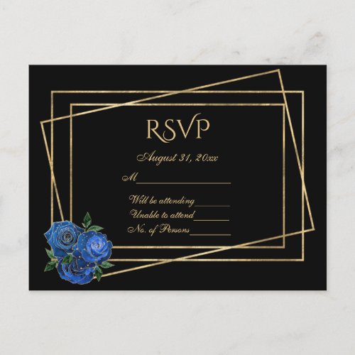 RSVP Black and Gold With Royal Blue Glam Roses Postcard