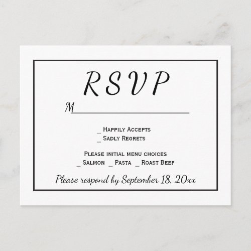 RSVP Black and White Minimalist Wedding Invitation Postcard