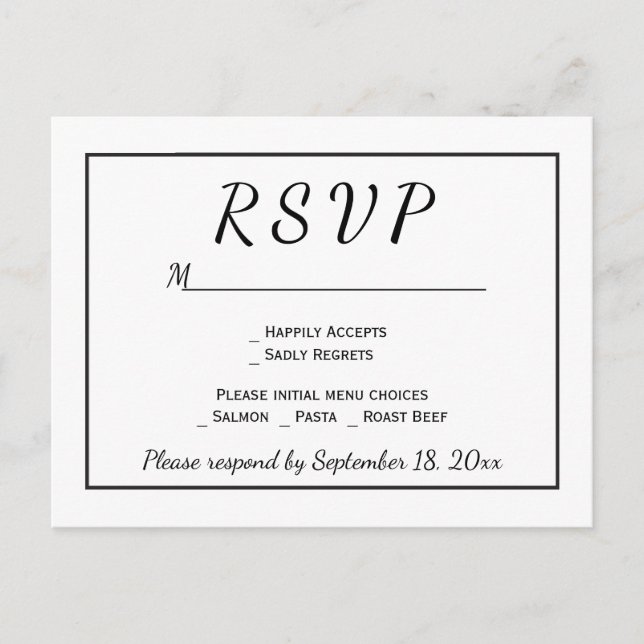 RSVP Black and White Minimalist Wedding Invitation Postcard (Front)
