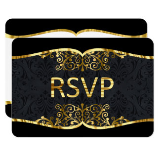 RSVP Black Gold Damask Elegant Wedding Invitation