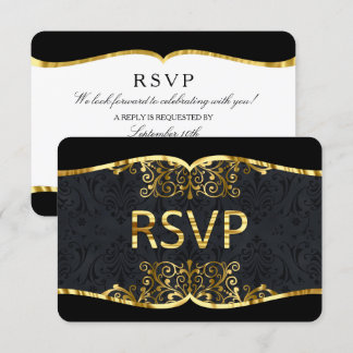 RSVP Black Gold Damask Elegant Wedding Invitation