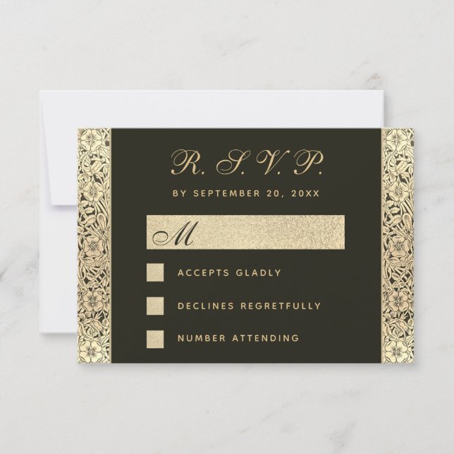 RSVP Black Gold Wedding  Vintage Elegant Floral  (Front)