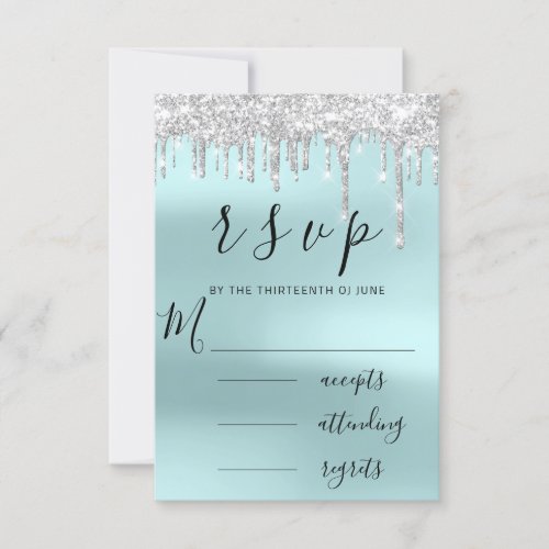 RSVP Black Gray Grey Silver Aqua Drips Wedding