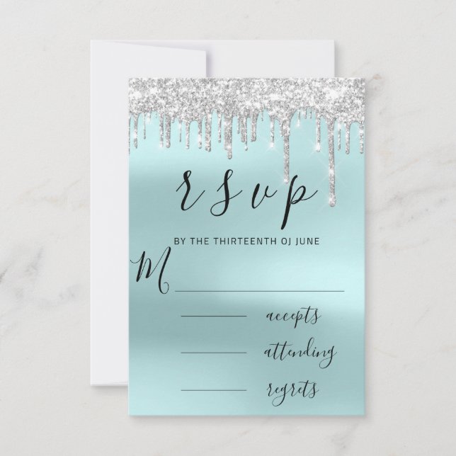 RSVP Black Gray Grey Silver Aqua Drips Wedding Card (Front)