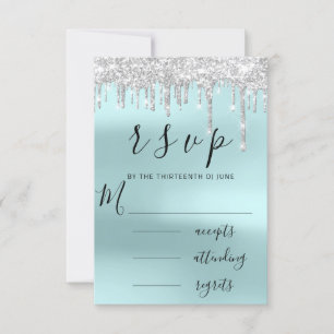 RSVP Black Gray Grey Silver Aqua Drips Wedding Card
