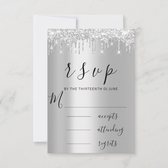 RSVP Black Gray Grey Silver Drips Wedding Card (Front)