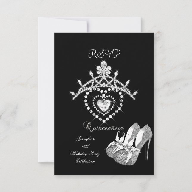 RSVP Black White Quinceanera Party Shoes Tiara Card (Front)