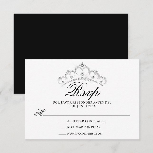 RSVP Black White Spanish Quinceañera Quince Card (Front/Back)