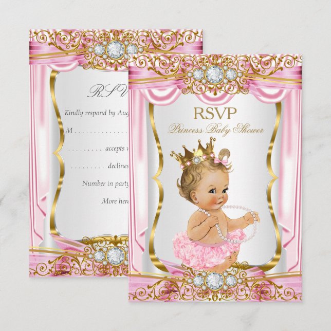 RSVP Blonde Girl Princess Baby Shower Pink Silk Invitation (Front/Back)