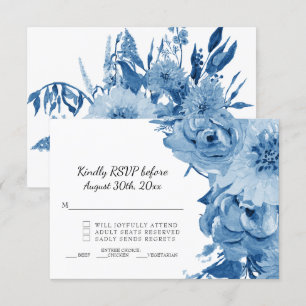 RSVP Blue n White Watercolor Modern Floral Wedding Invitation