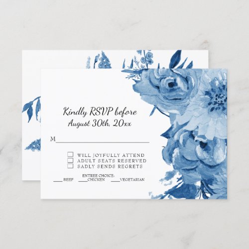 RSVP Blue n White Watercolor Modern Floral Wedding Invitation