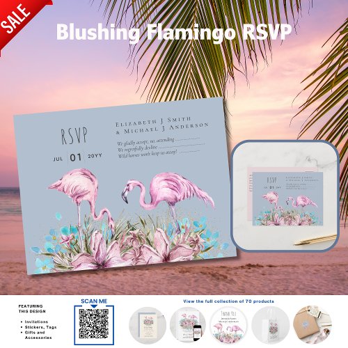 RSVP _ Blushing Flamingos Tropical Beach Wedding Postcard