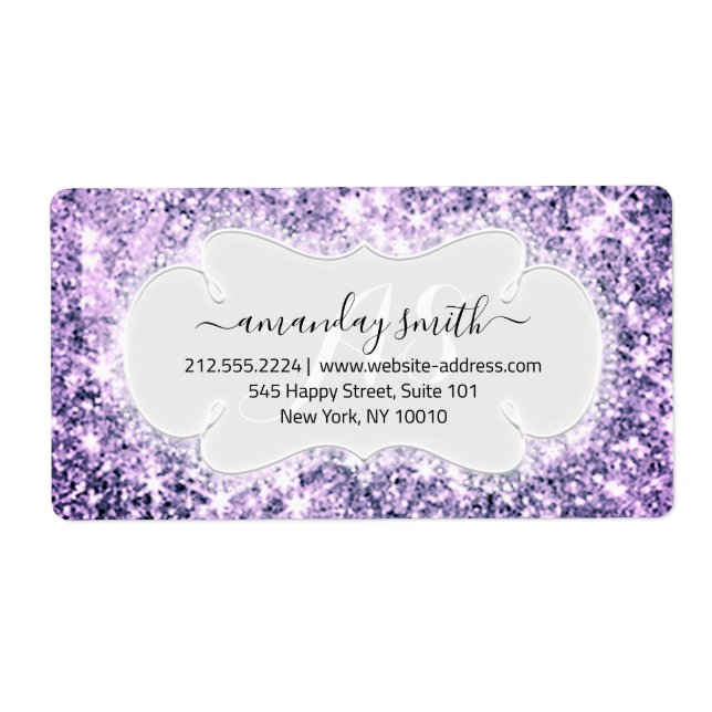 RSVP Bridal Monogram Wedding Glitter Purple Violet Label (Front)